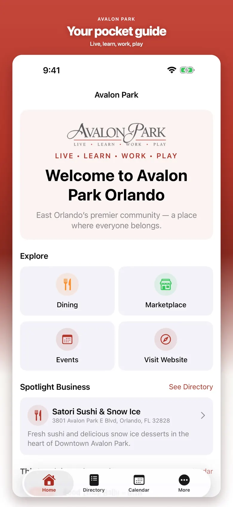 Avalon Park — home screen with directory, events, and Spotlight Business.