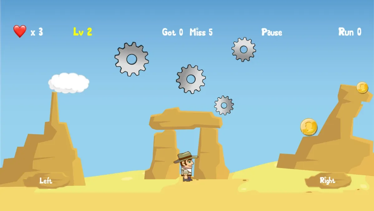 Coin Adventure desert world, with coins and gears falling.