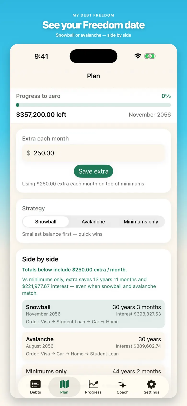 My Debt Freedom Plan tab comparing snowball and avalanche payoff methods.